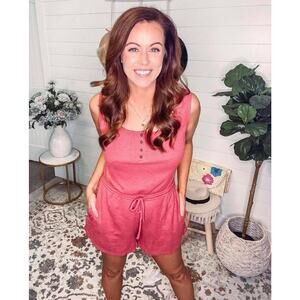 Lush Jolie Romper Womens Small Shorts Playsuit Red Pocket Wrap Sleeveless Henley